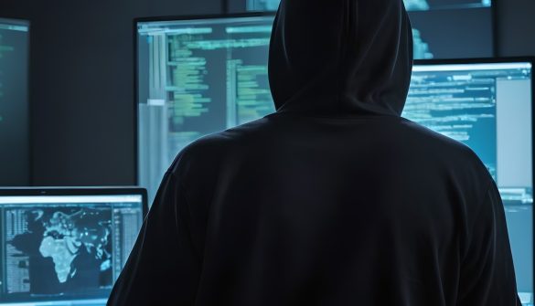 Hacker,,Cybersecurity,,Dark,Room,,Hooded,Man,,Computer,Screens,,Cybercrime,,Programming,